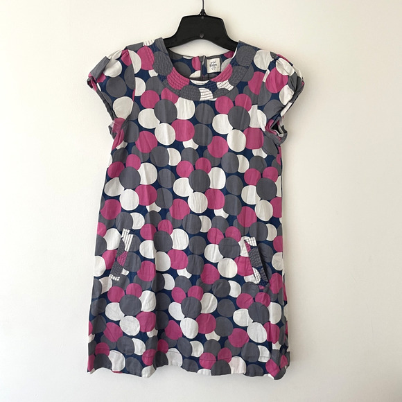 Mini Boden Cotton Dress Polka Dot Mod Print Pink Gray Blue Retro 60s Style 13-14 - Picture 1 of 8
